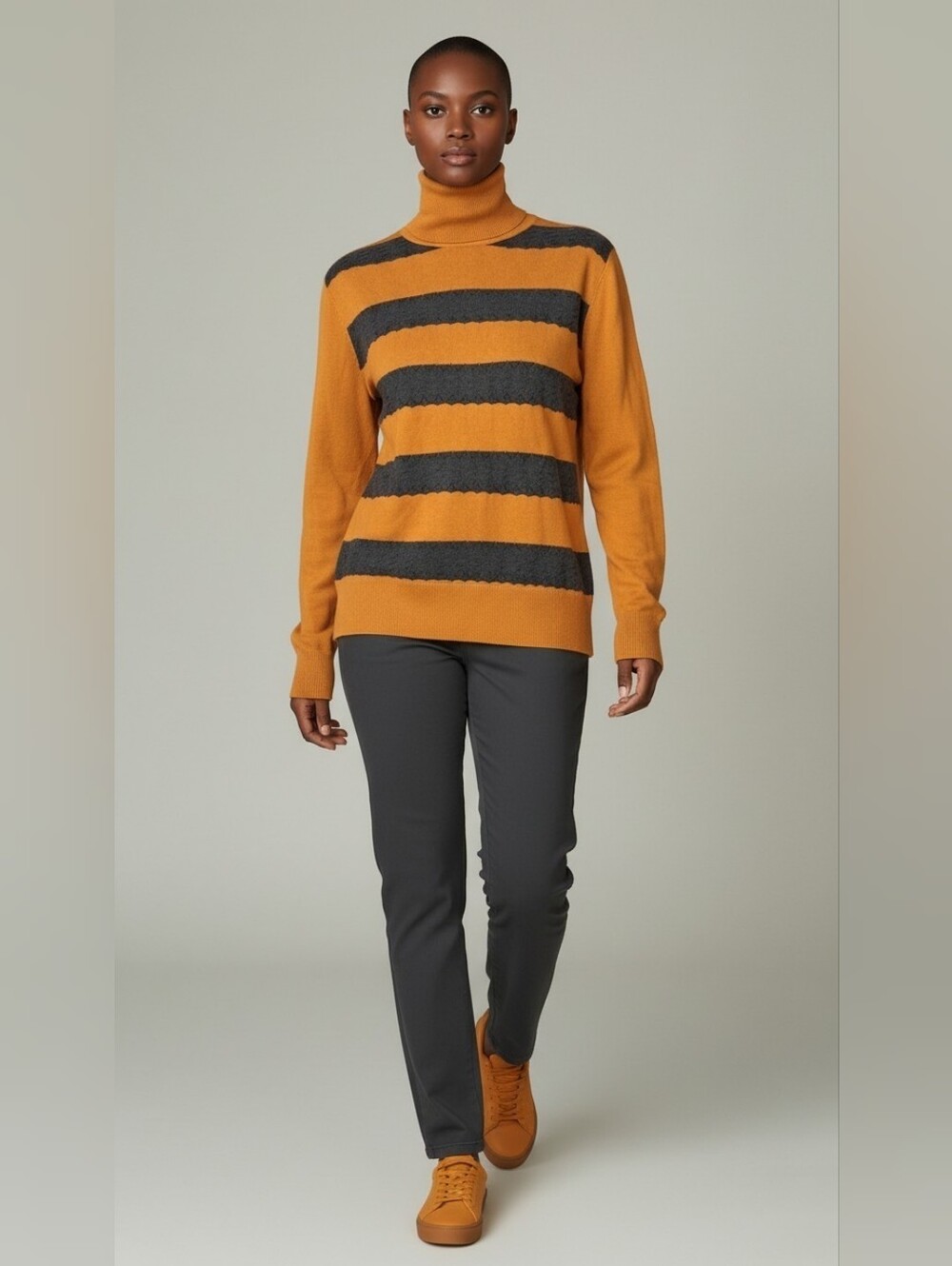 Allison + Zoe Tan and Grey Striped Turtleneck Misses Size Petite Small